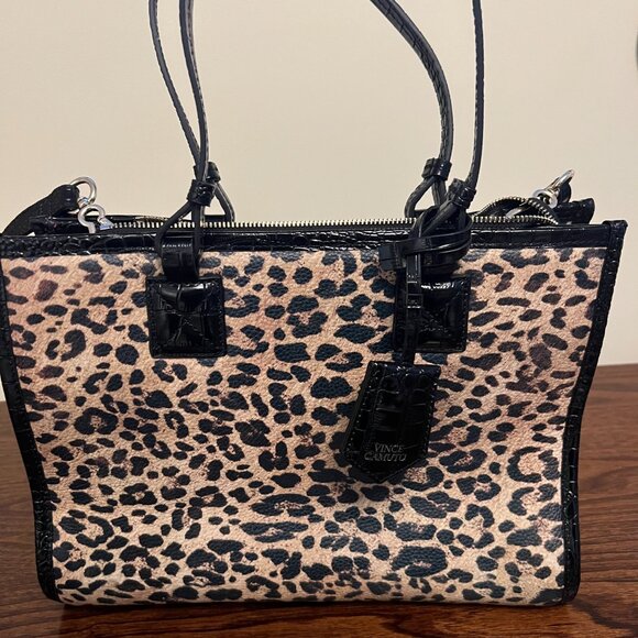 Vince Camuto Leather Leopard Print Byron Satchel Top Handle Bag - Picture 6 of 11